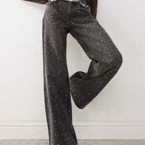 ASOS W28 Monki Paz mid waist loose wide leg embellished jeans in black